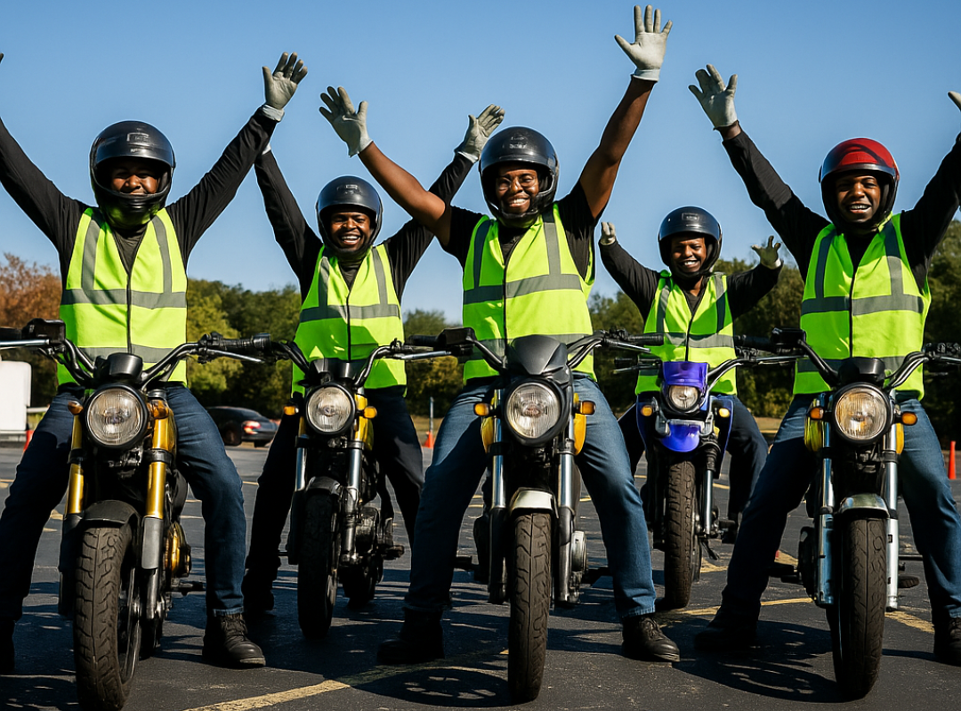 South African riders in safety vests on motorbikes